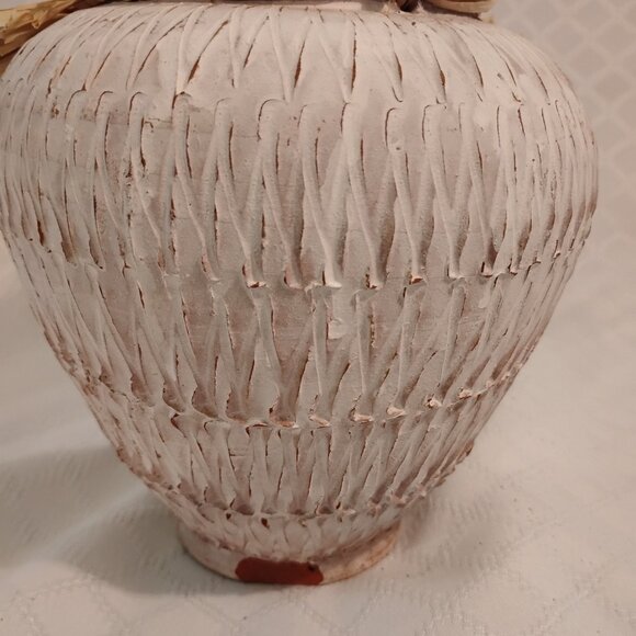 Heavy Southwestern Style Clay Vase W/Raffia Straw & Beaded Fruit - Picture 4 of 8